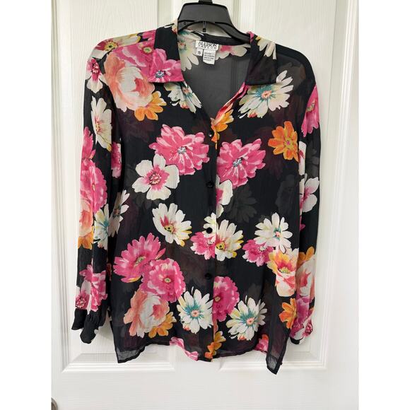 Allison Taylor small 100% silk floral black long sleeve button pink orange - Picture 1 of 5